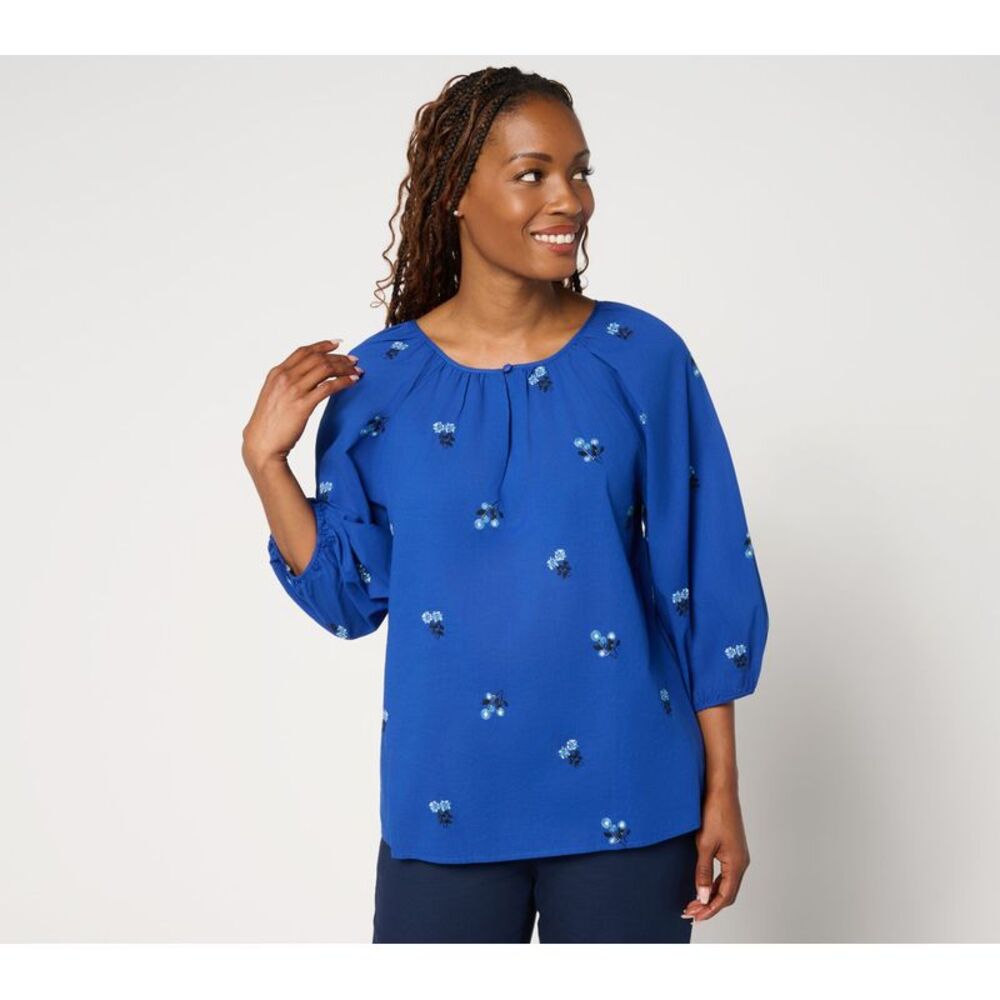 by Stacy London Women's Top Plus Sz 1X 100% Cotton Floral Blue
